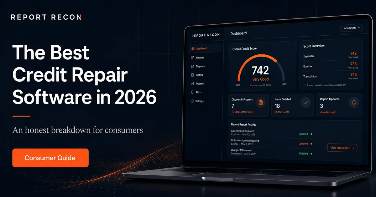 Report Recon dashboard showing a credit score gauge, three-bureau score overview, and recent dispute activity