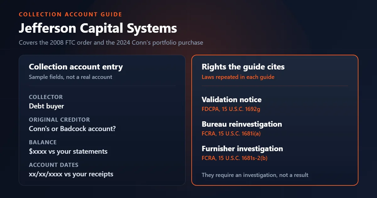 Jefferson Capital Systems guide: sample collection entry fields beside the rights the guide cites.
