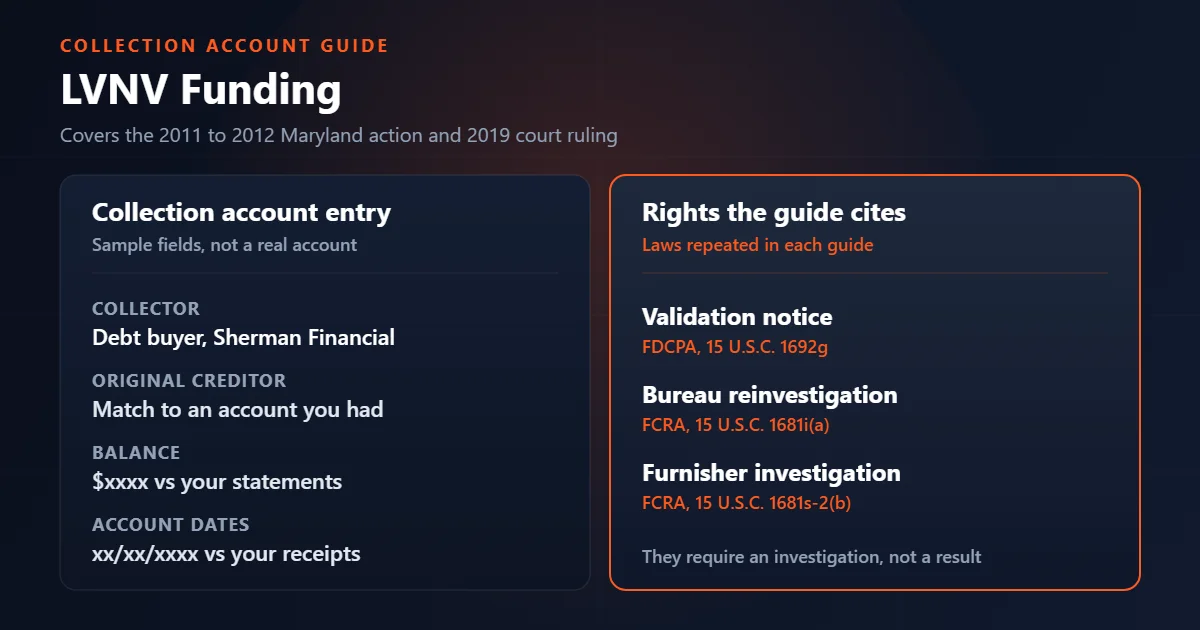 LVNV Funding guide: sample collection entry fields beside the rights the guide cites.
