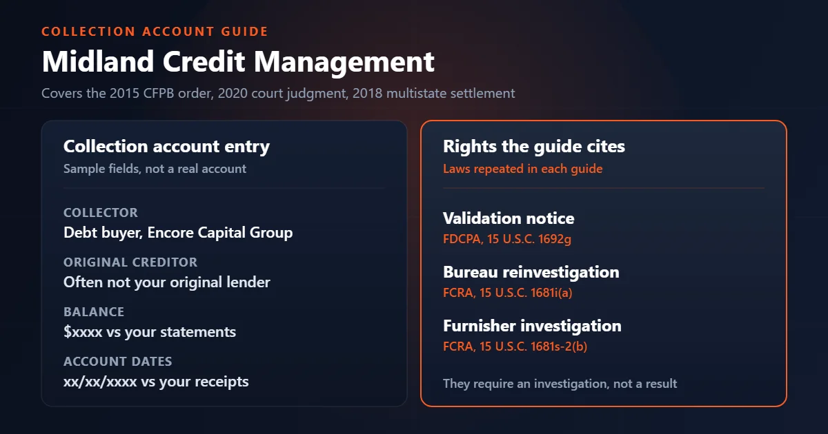 Midland Credit Management guide: sample collection entry fields beside the rights the guide cites.