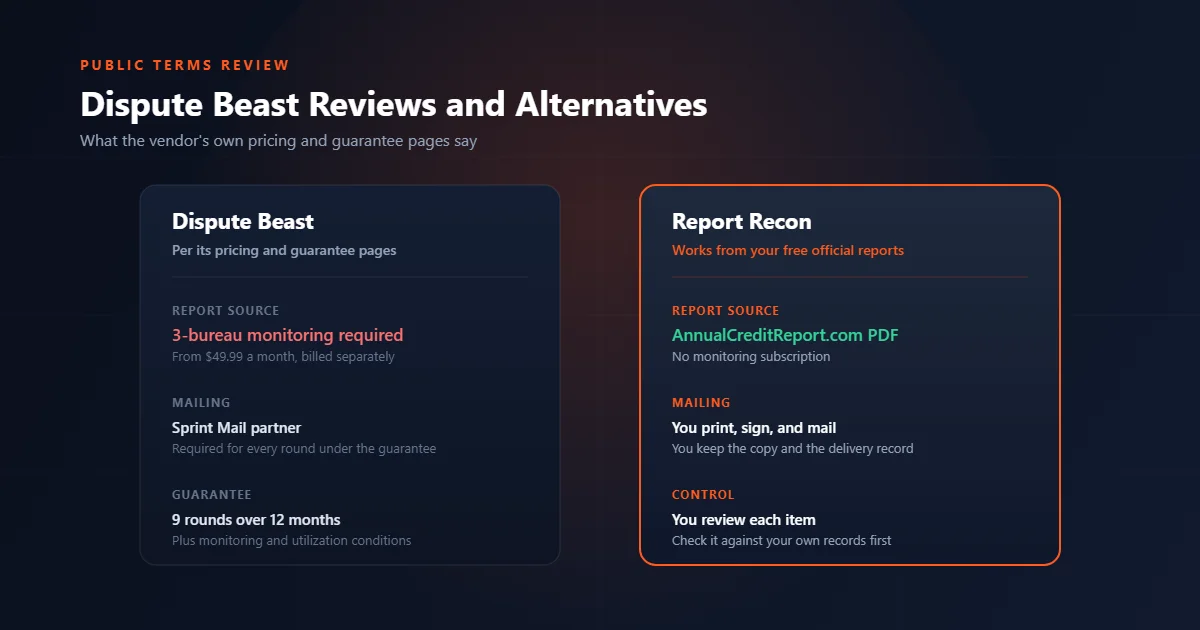 Dispute Beast published terms compared with Report Recon on report source, monitoring, and mailing