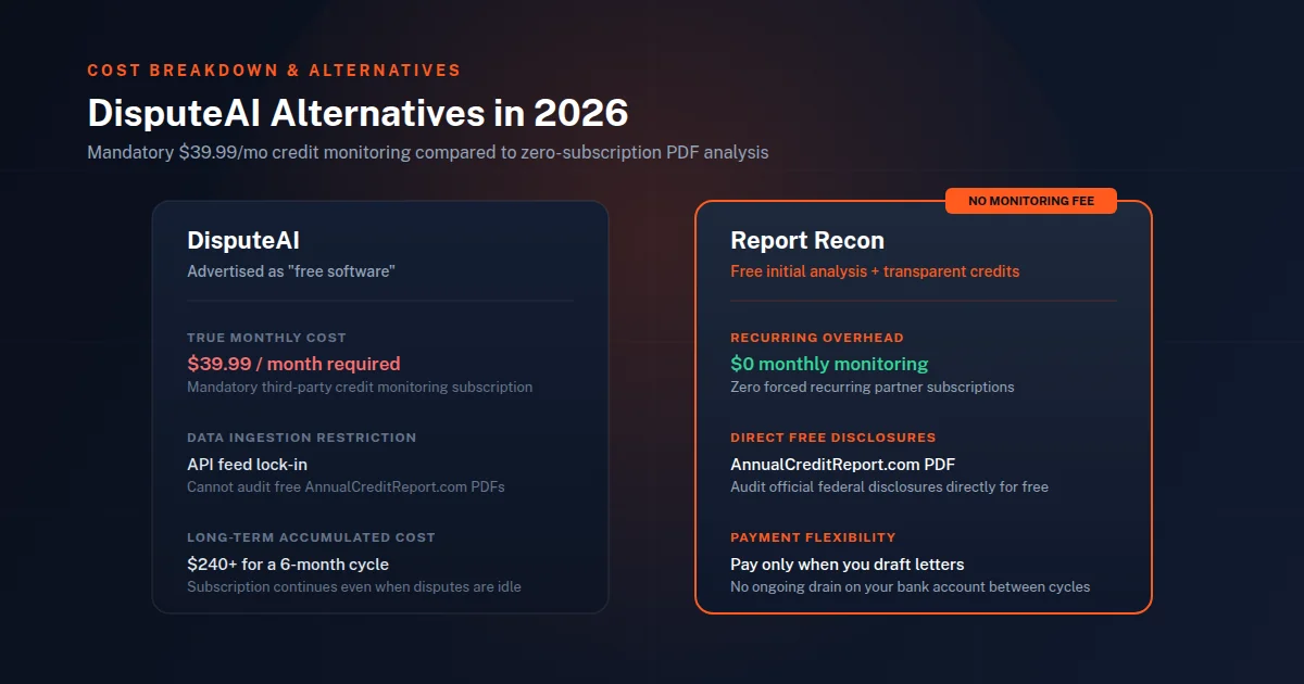 Comparison of DisputeAI alternatives that do not charge recurring monthly credit monitoring fees